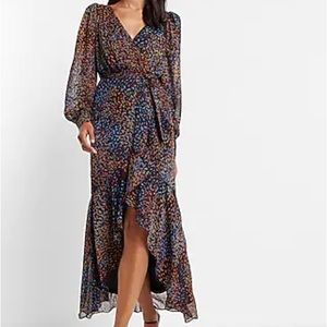 Express Metallic Printed Faux Wrap Ruffle Hi-Lo Maxi Dress